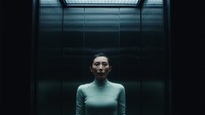 Femme dans un ascenseur éclairé sombre; Dichen Lachman 